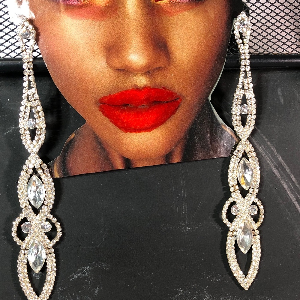 Glamorous Rhinestone 6” Drop Earrings - Silver Tone - Picture 1 of 3